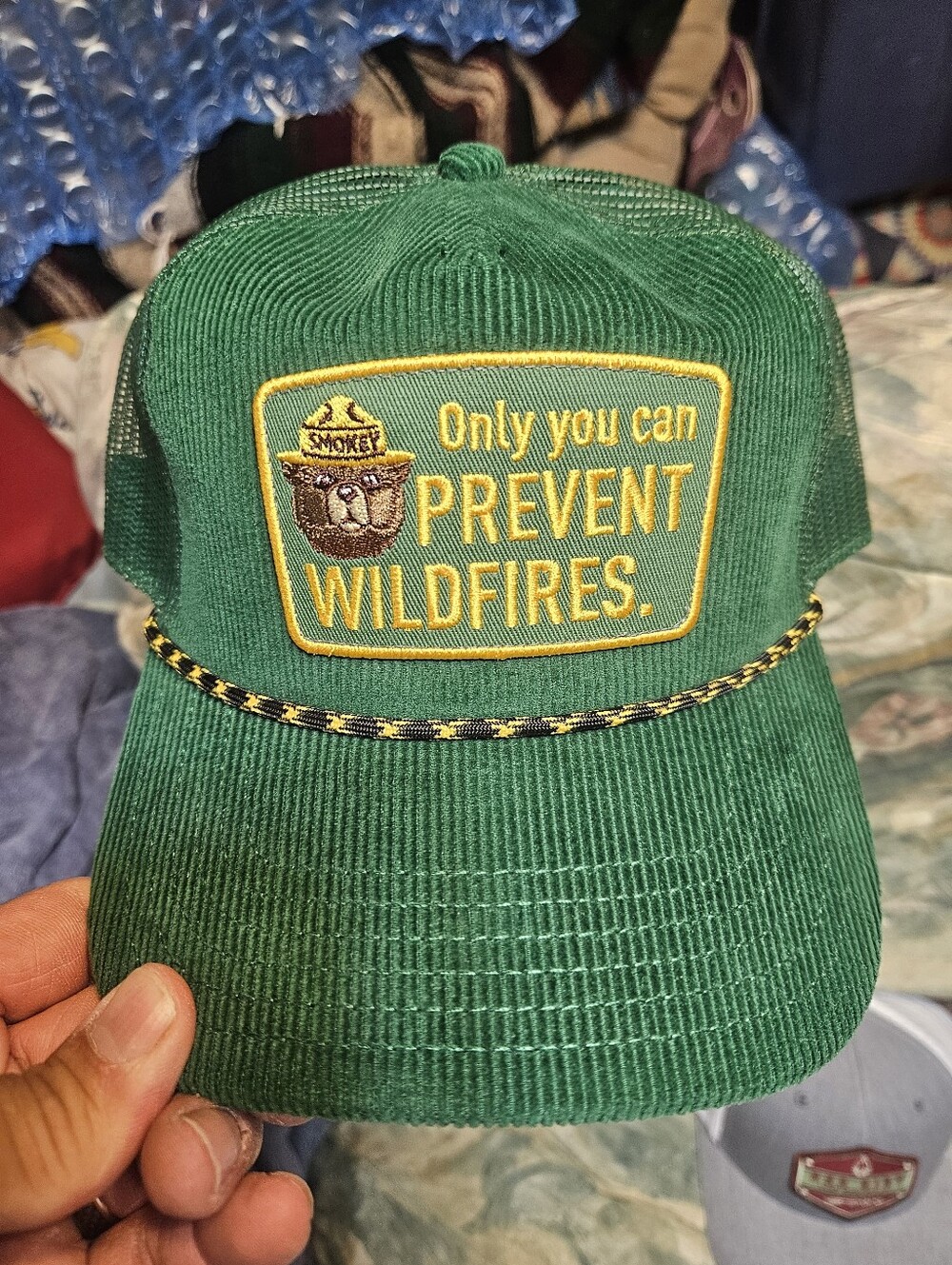 Vintage Cordoury Smokey The Bear Ad Awareness Mesh Trucker Snapback Cap